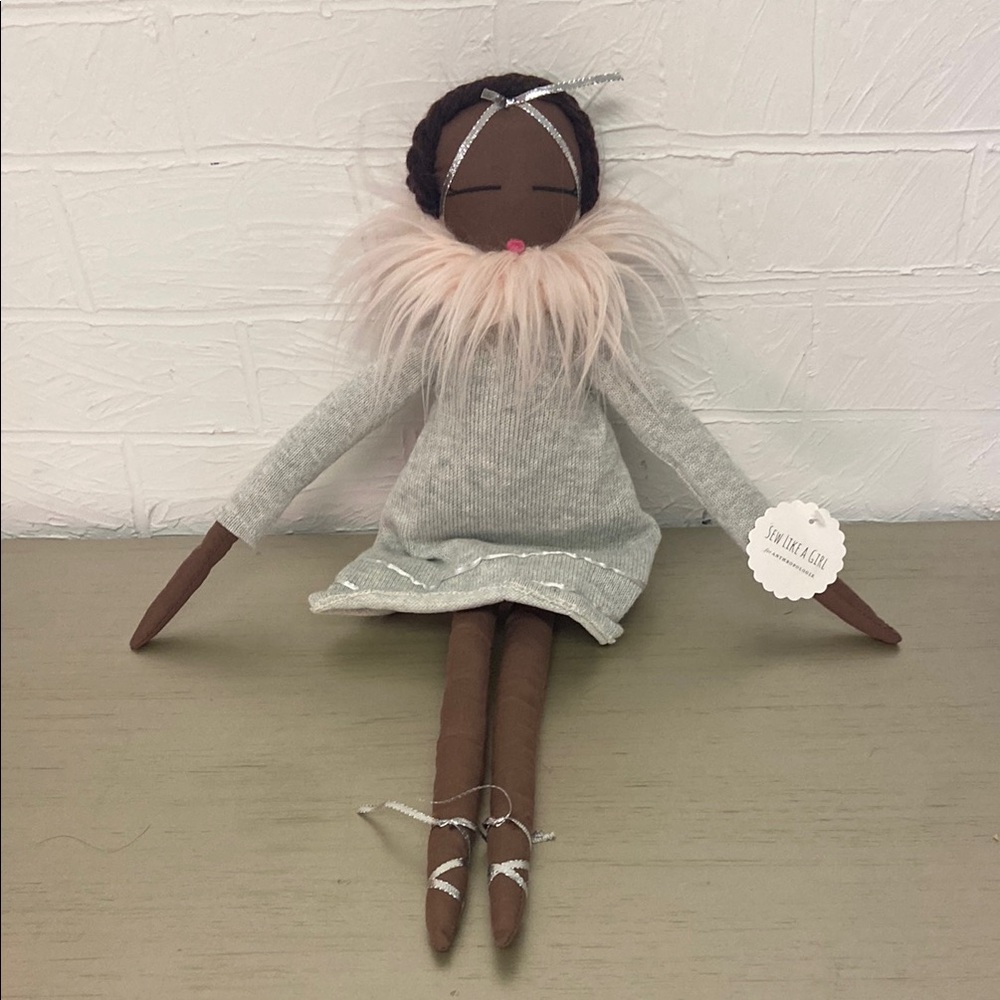 Anthropologie “Sew Like A Girl” Doll in Gray Dress with Pink Accents